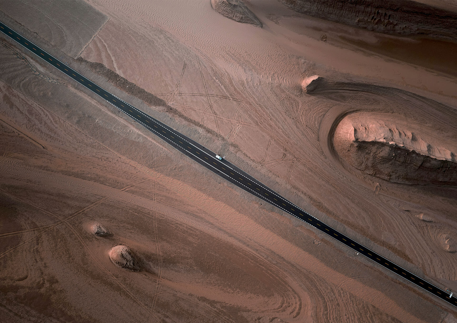 Aerial view of a road in the desert